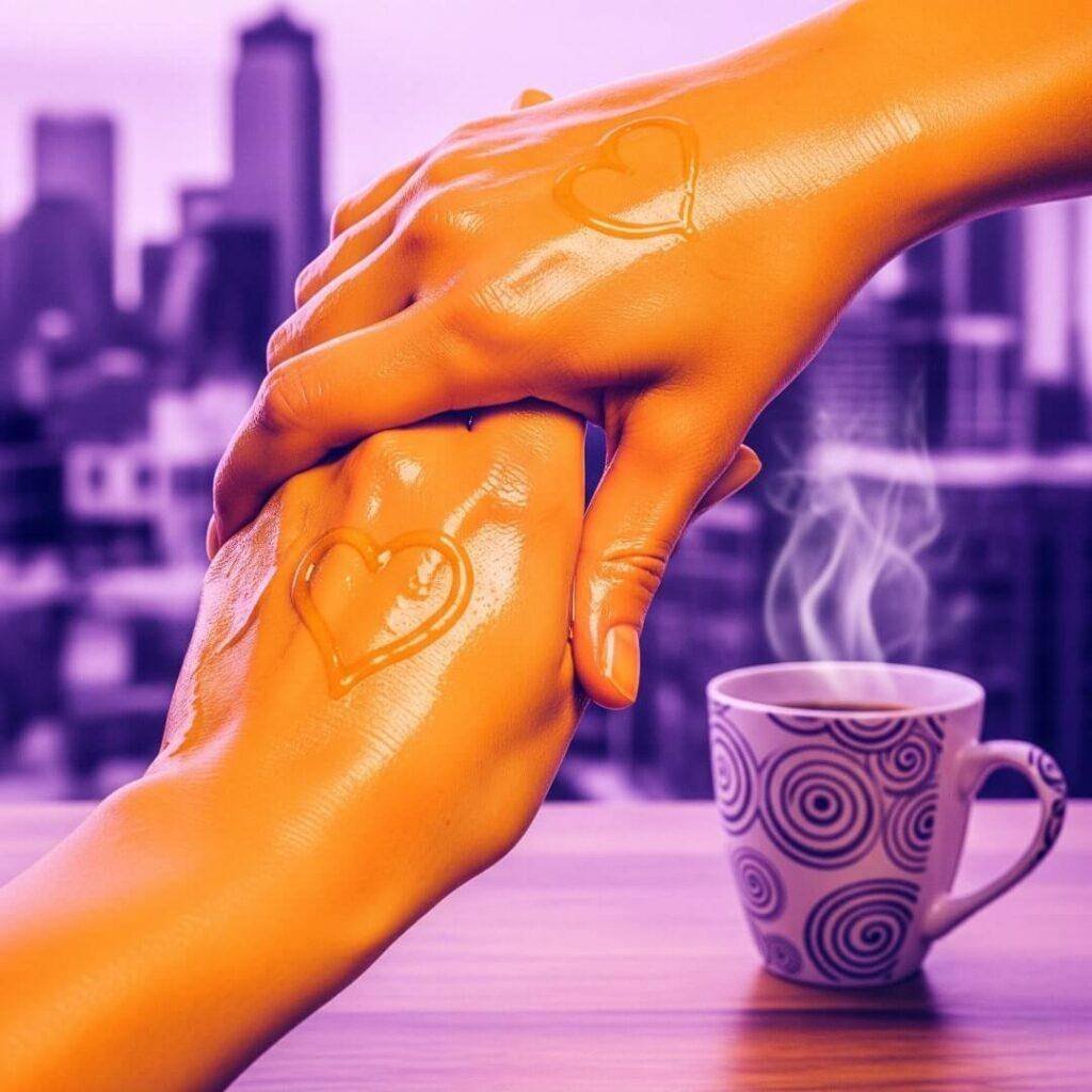 Vintage-inspired image of oiled hands with heart shapes, set against an urban skyline.