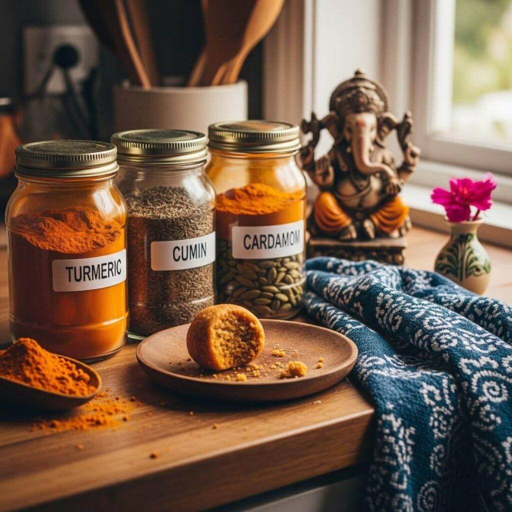 A cozy kitchen counter with jars of spices, a snack, and a Ganesha statue.