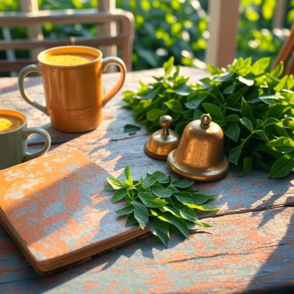 Cluttered porch table with turmeric latte, journal, curry leaves, hidden brass bell.