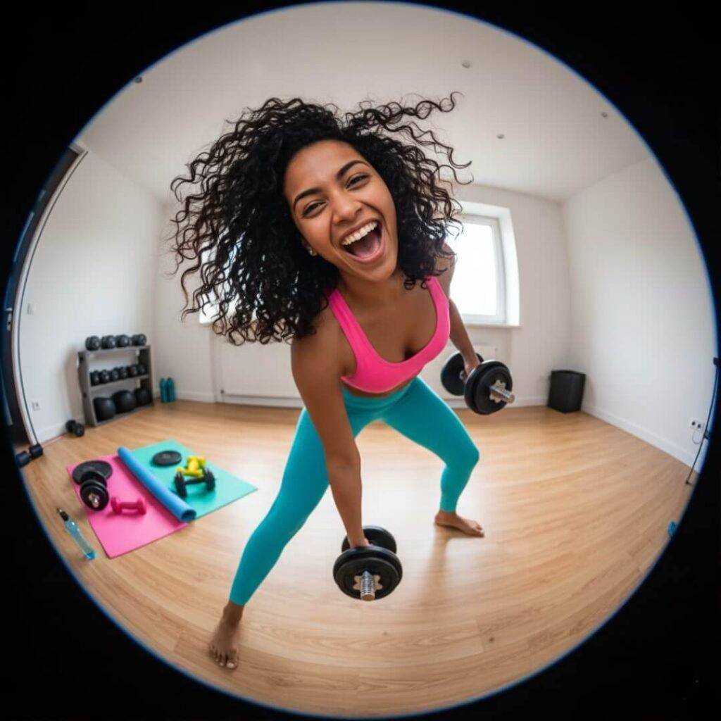 Fisheye view of a woman laughing, almost falling with a dumbbell.