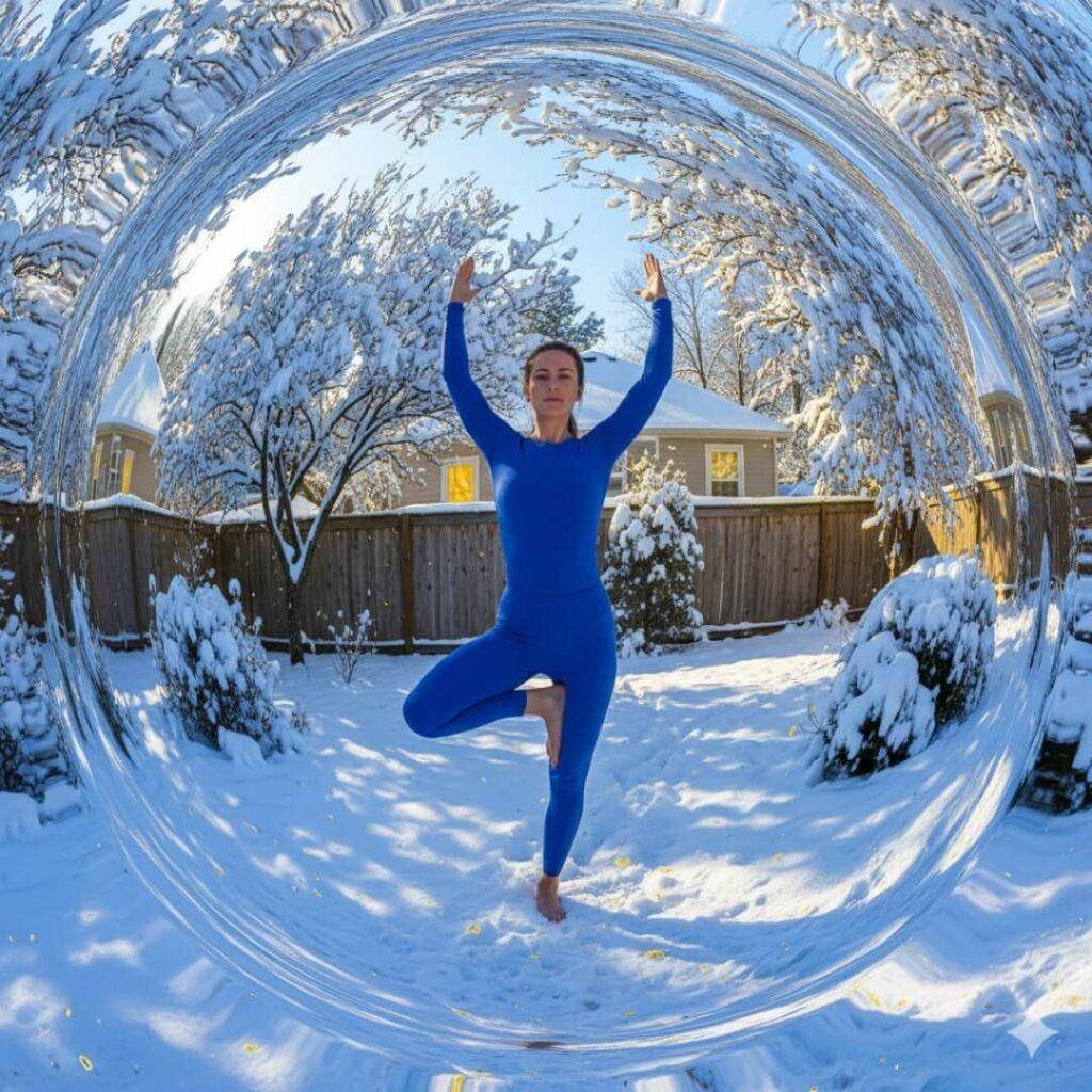 Yogi in tree pose in a snowy backyard, distorted by a funhouse mirror effect.