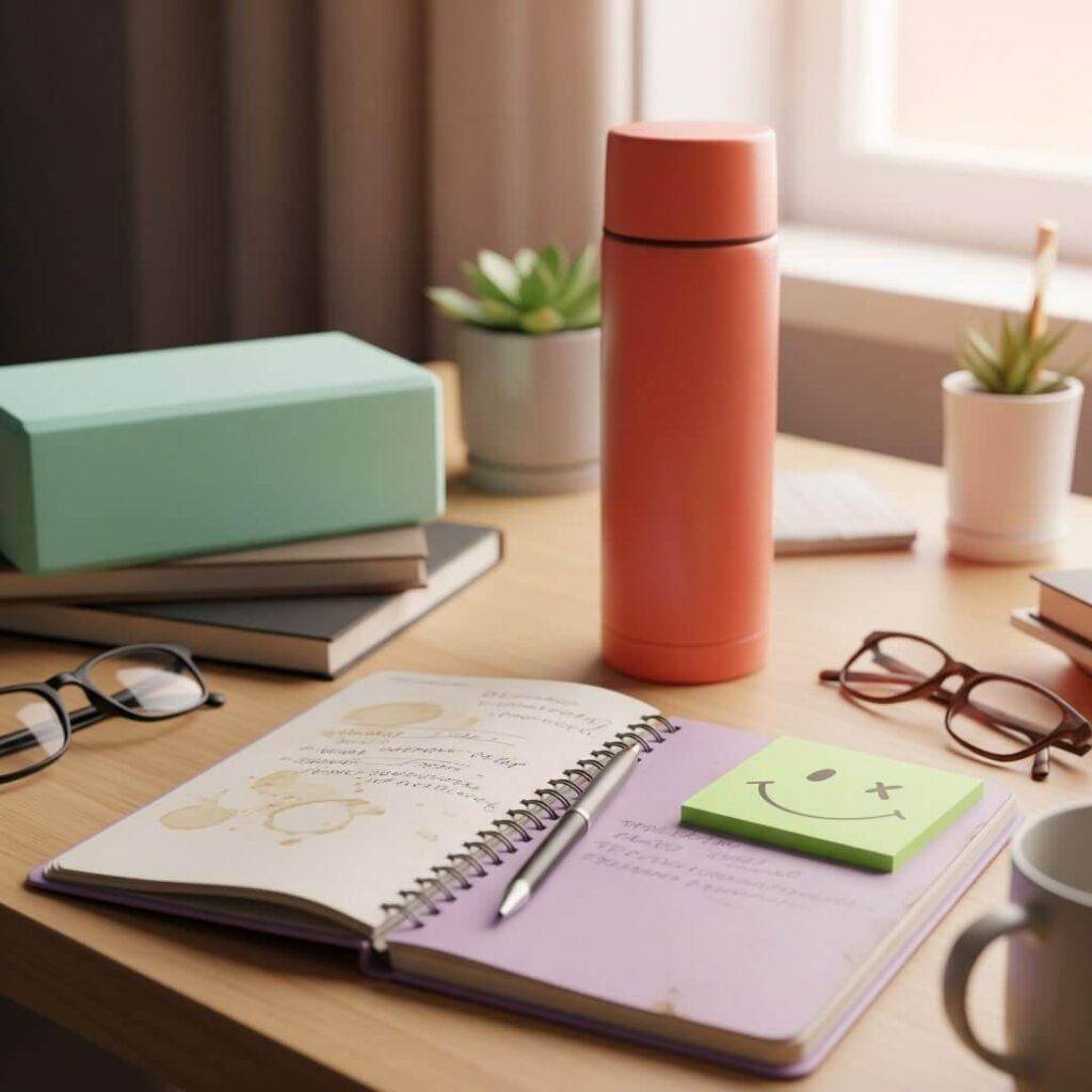 A cluttered desk with a thermos, a yoga block, and a journal.