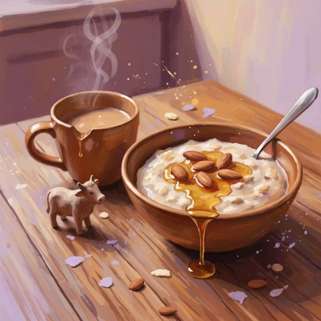 Oatmeal with almonds and honey, chai, and a clay cow.