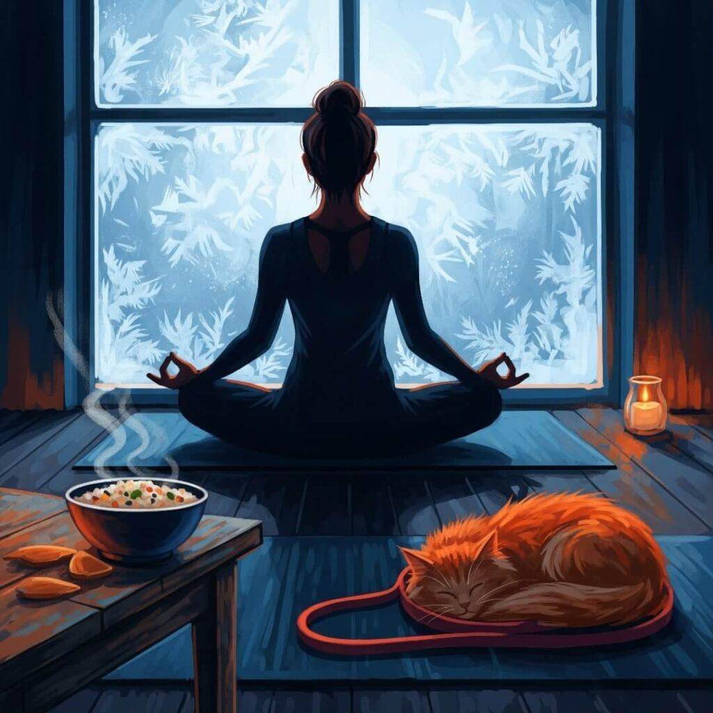 Impressionistic digital painting of winter yoga with kitchari and a napping cat.
