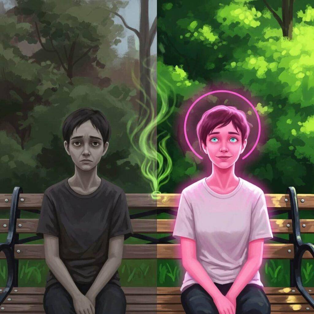 An impressionistic digital painting depicting a split-view of dull vs. glowing skin.