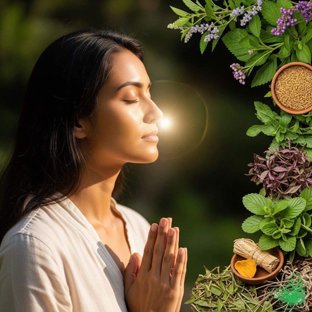 A woman meditating, surrounded by Ayurvedic herbs, representing balanced skincare.