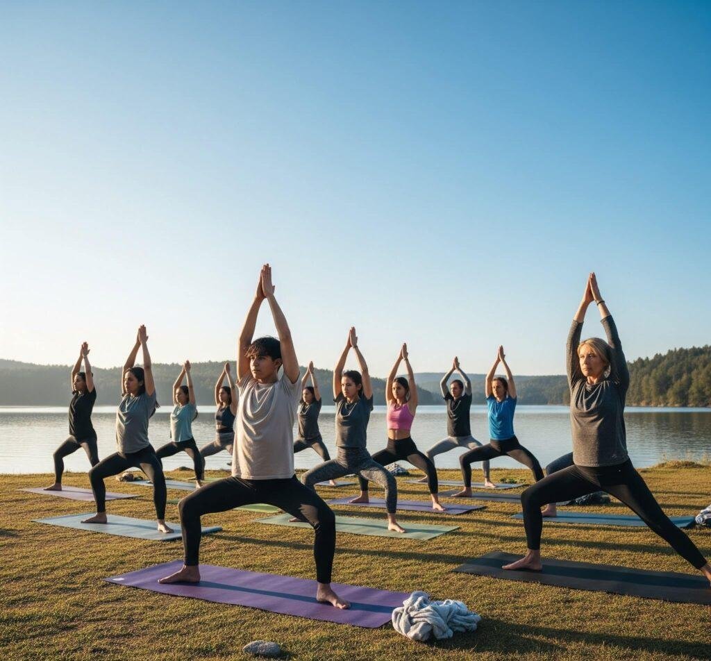 A group yoga session in a calming natural setting.