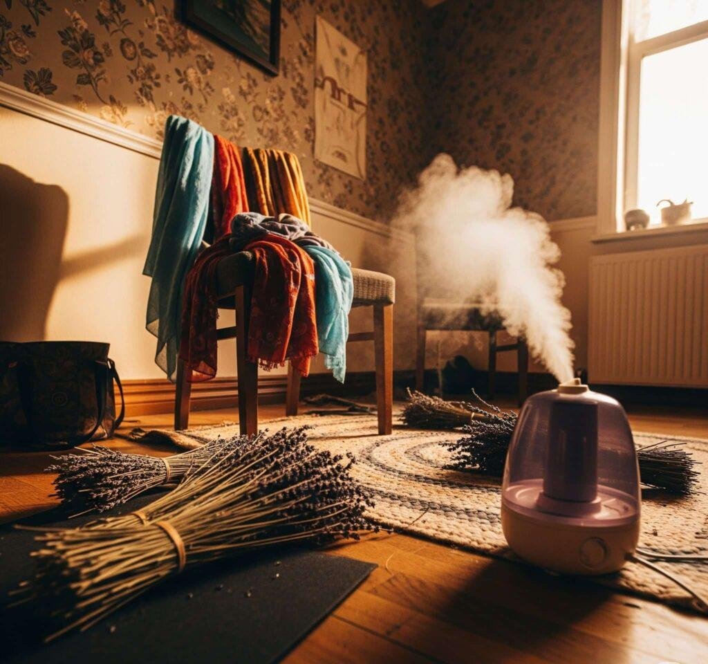 Cozy yoga space with scarves, lavender, and humidifier.