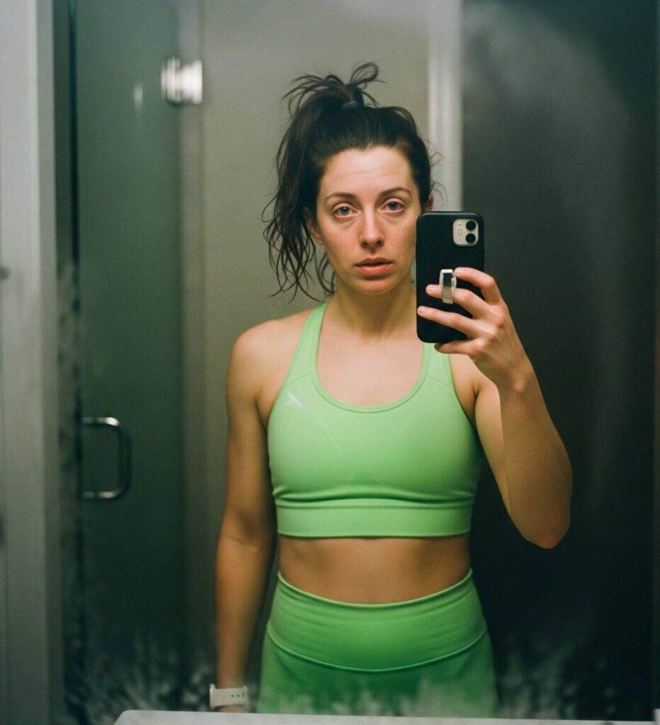 Grainy mirror selfie of tired eyes in workout gear.