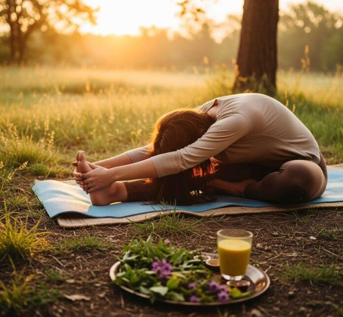 Golden milk, yoga, and herbs at sunrise.