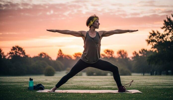 A high-resolution, candid-style photograph captures a person doing Warrior II at sunrise in a park, embodying strength and determination. A high-resolution, candid-style photograph captures a person doing Warrior II at sunrise in a park, embodying strength and determination.