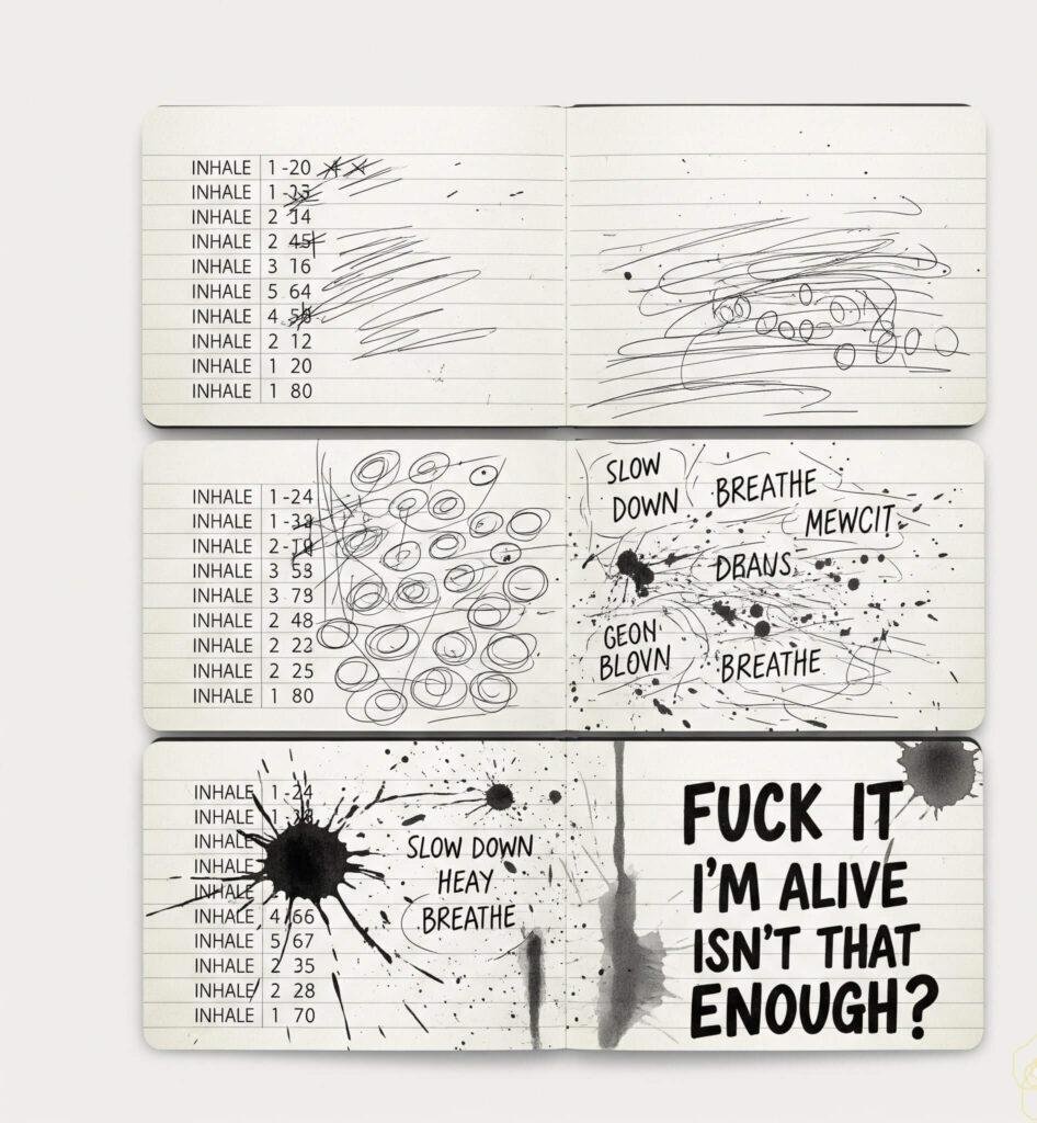 Messy breathing journal: "FUCK IT I'M ALIVE".