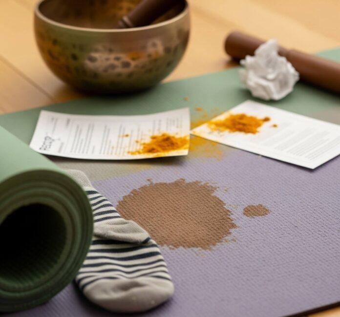 Yoga chaos: coffee, turmeric, and a stray sock.