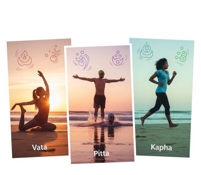 Three diverse individuals doing yoga, swimming, and running on a beach at sunrise.