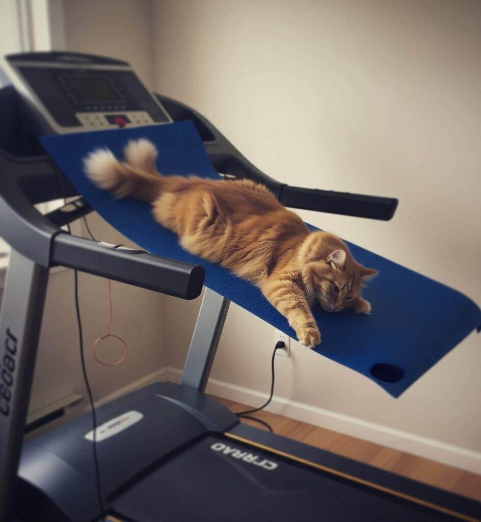 A fluffy ginger cat lounges on a bright blue yoga mat draped over a treadmill.