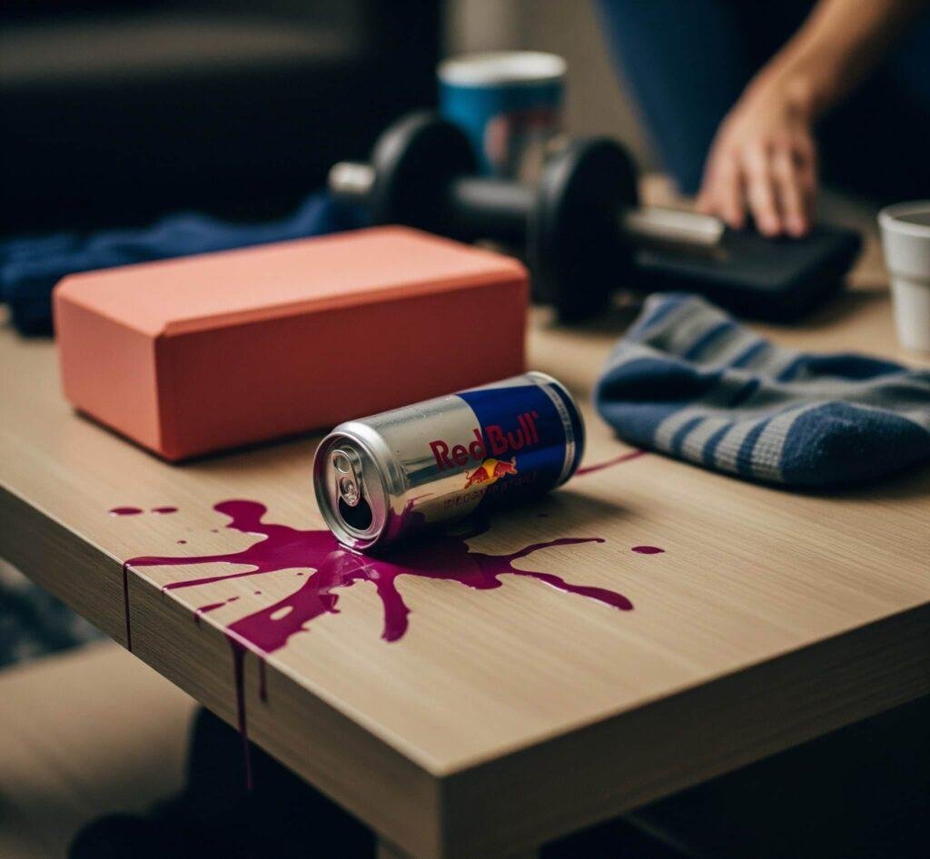 Coffee table clutter: yoga block, spilled drink, sock.