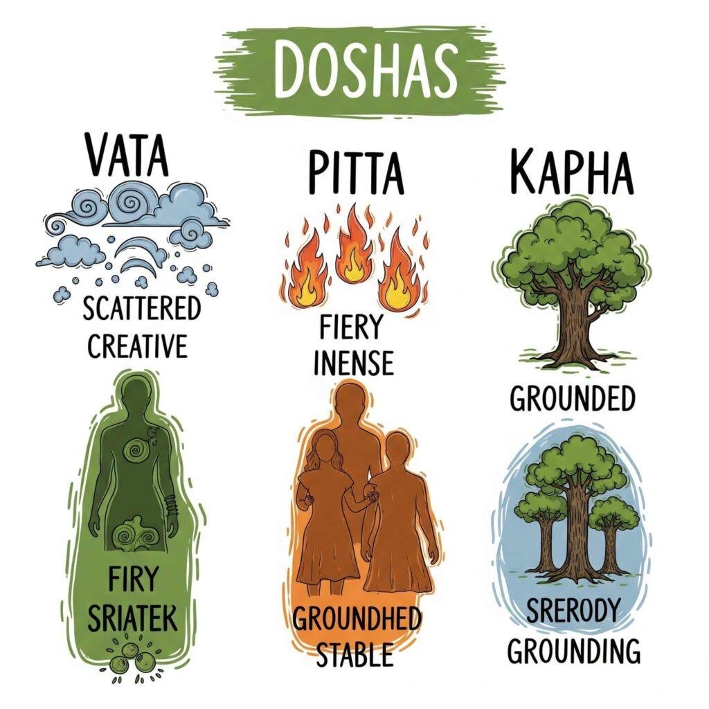 "Doodle infographic of Vata, Pitta, Kapha doshas with element icons"