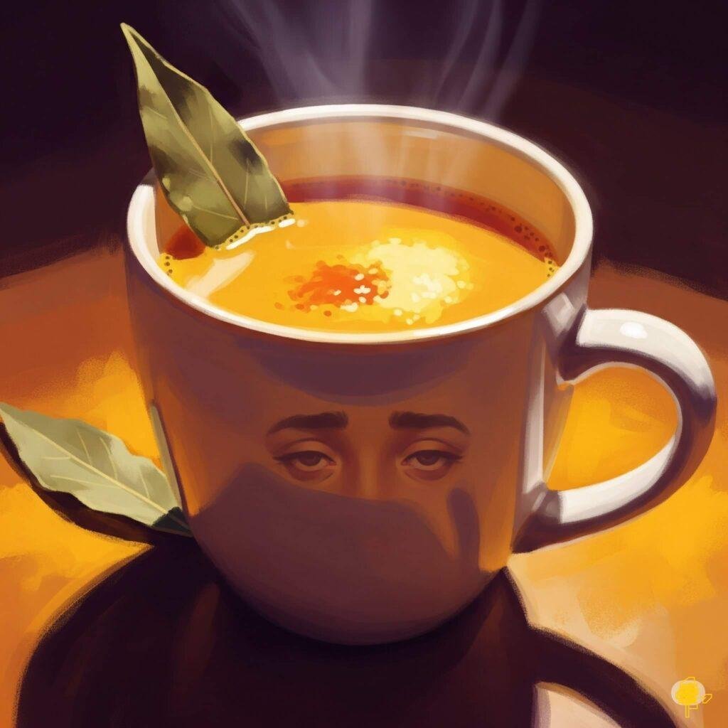 Steaming turmeric tea mug with reflection.