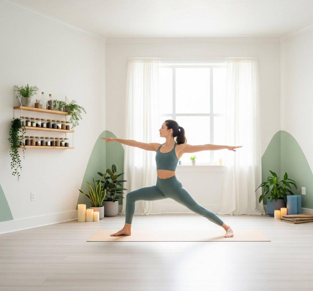 A person in Warrior II pose in a yoga studio, with soft light and herbs.
