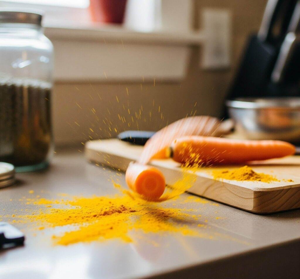 Cluttered kitchen counter with spilled turmeric and rolling carrot.