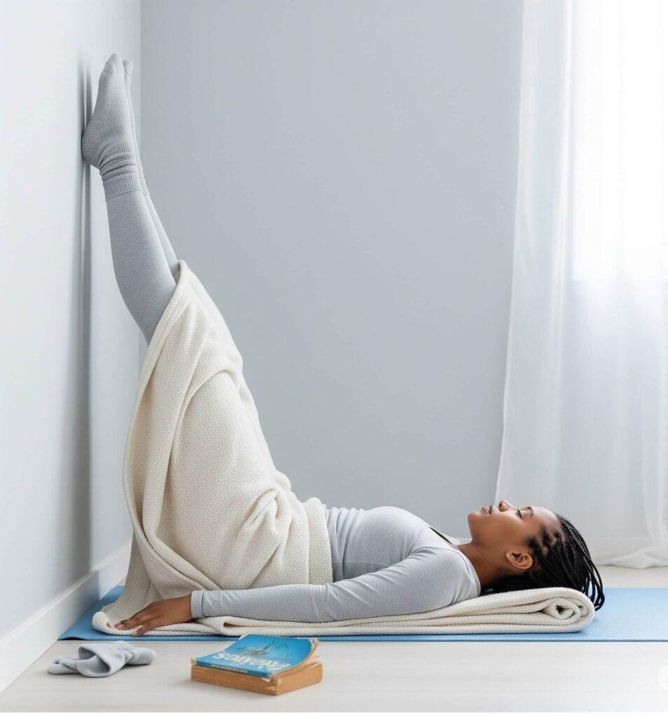 Legs-Up-the-Wall pose with book.