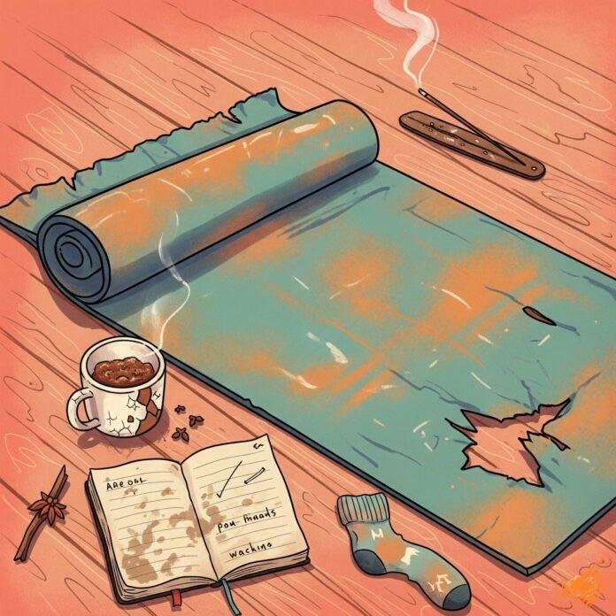Torn yoga mat, chai mug, journal, and incense on wood floor.