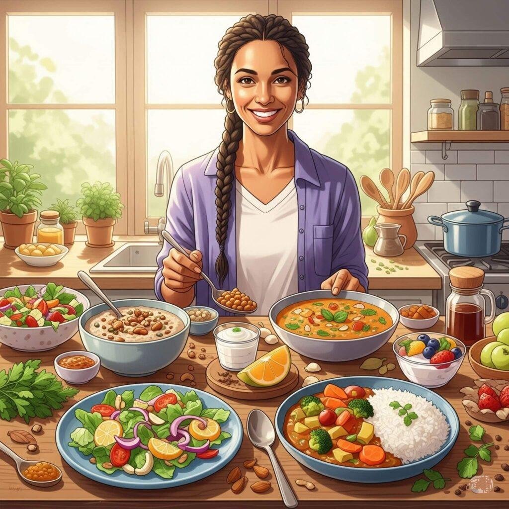 Here is a short alt text for SEO Title for the image: Ayurvedic meals for a balanced day.