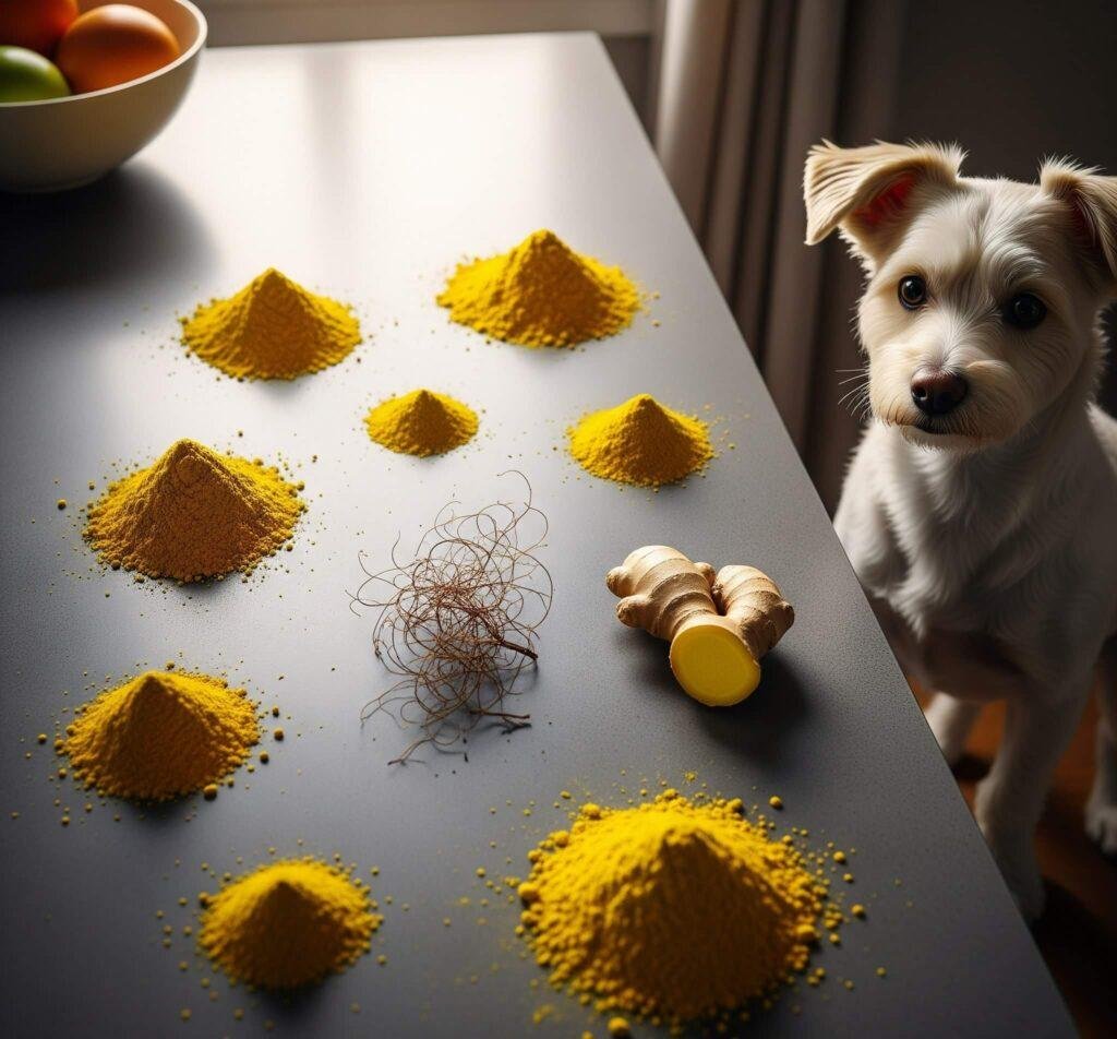 Countertop with yellow powders, ginger, and concerned dog.