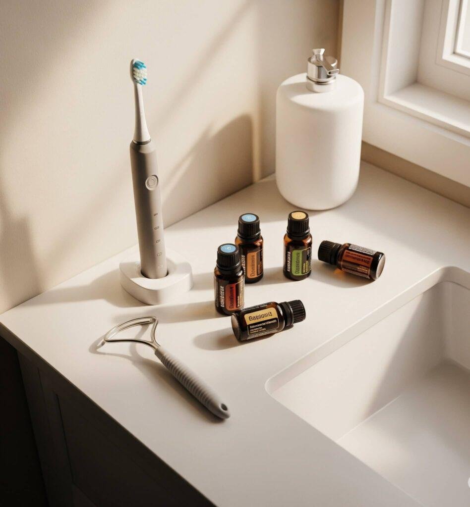 Bathroom counter with tongue scraper, electric toothbrush, essential oils.