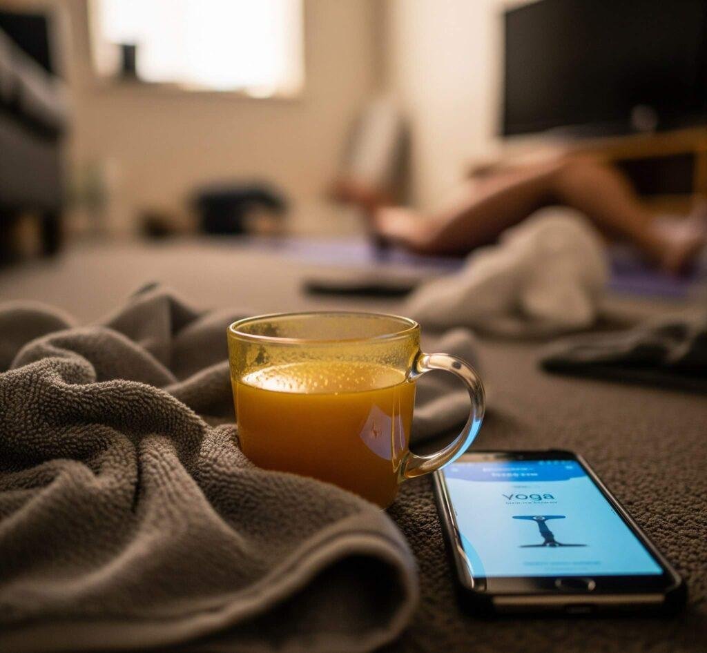 Post-Yoga Calm: Tea, Towel, and Tech.
