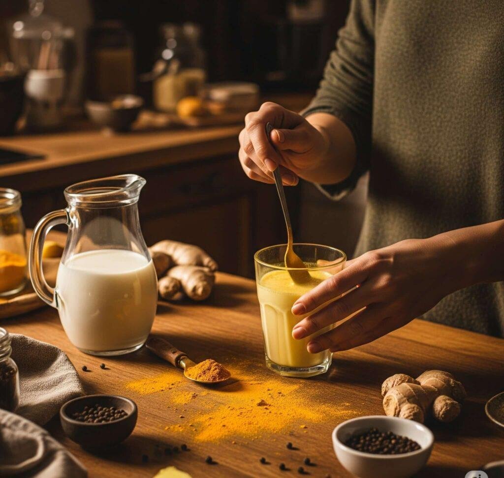 Stirring golden milk in kitchen