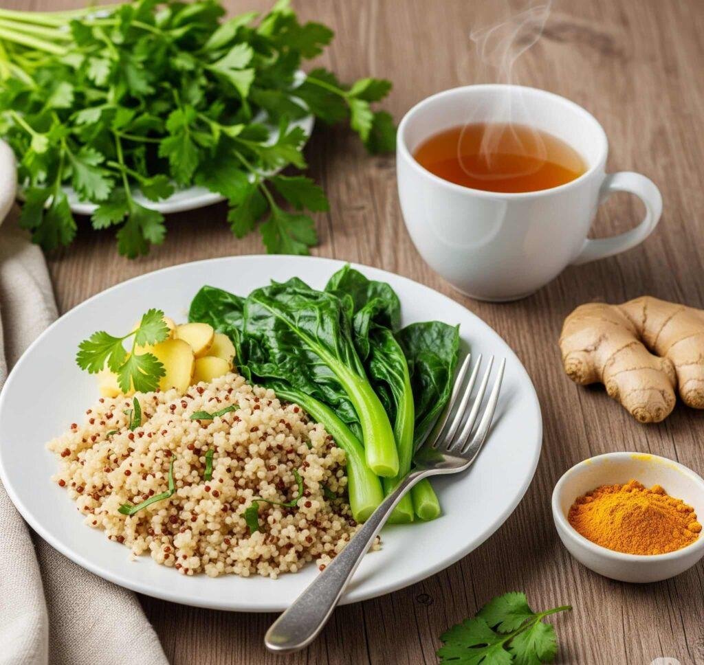 A beautifully arranged plate of Kapha-balancing foods, including quinoa, steamed greens, and ginger tea, on a wooden table.