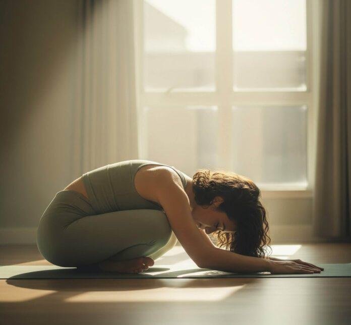 A serene woman in Child's Pose with soft lighting.