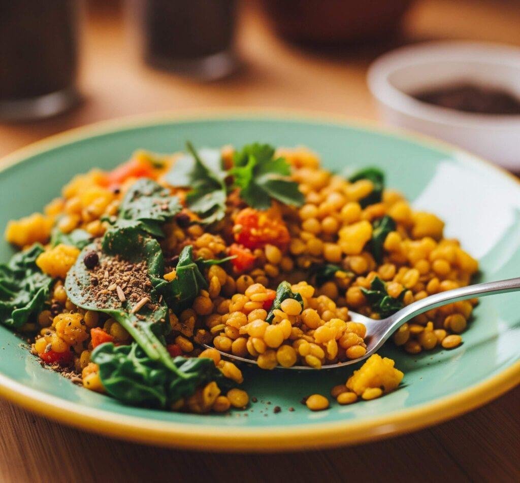Kapha-friendly plate of spicy lentils and greens.