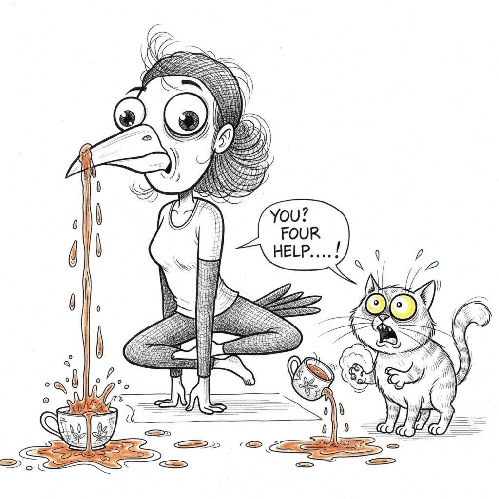 Yoga fail illustration, crow pose, spilled tea, alarmed cat.