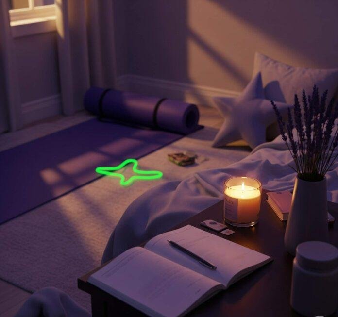 Cozy bedroom yoga with star pillow.