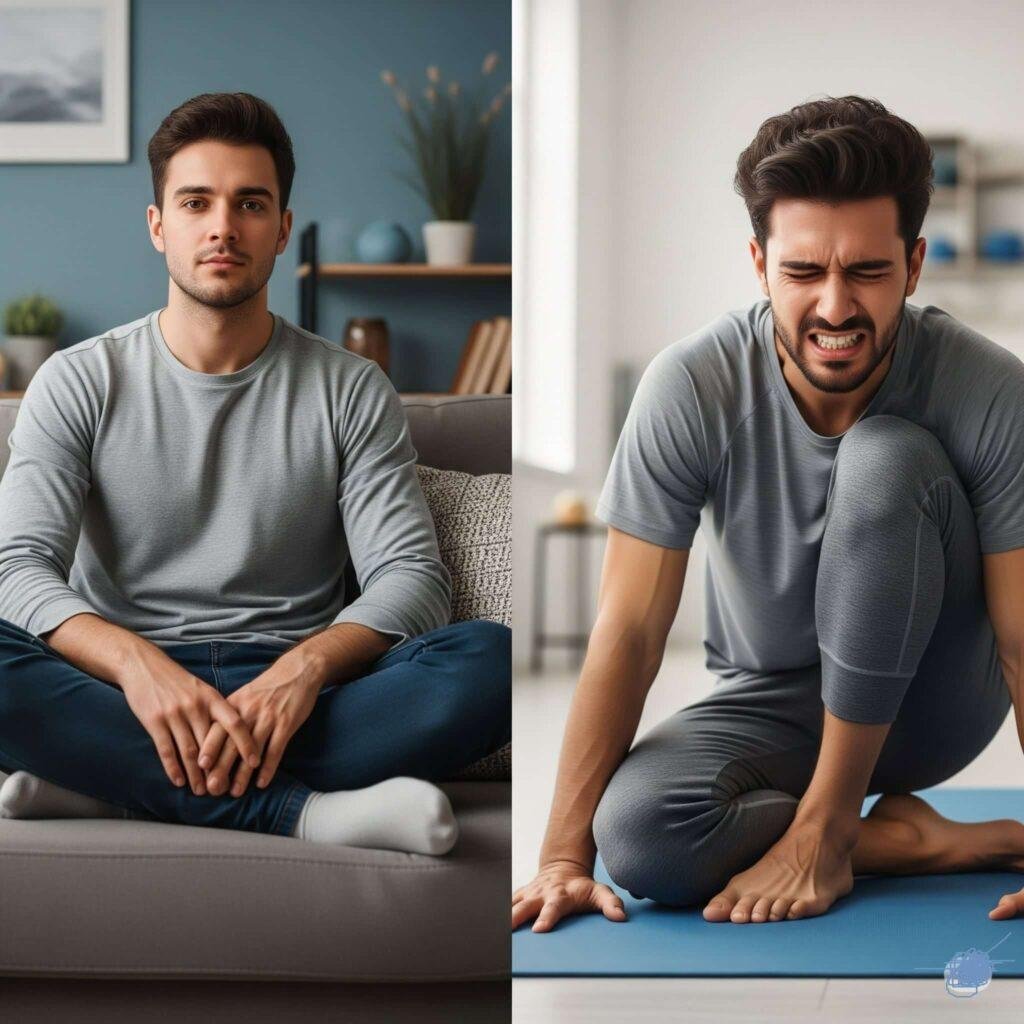 Before and after yoga: relaxed vs. pained expression.