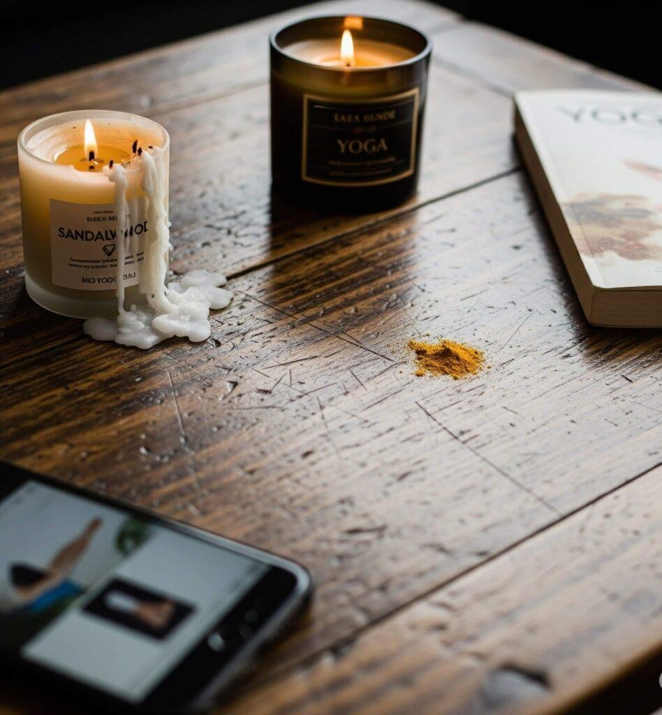 Scratched wooden coffee table with candle, yoga book, and turmeric.