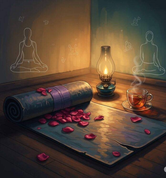 Impressionistic digital painting of yoga mat with rose petals, tea, and oil lamp.
