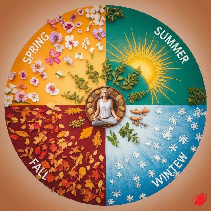 A visually striking mandala with quadrants for spring, summer, fall, and winter, and a person meditating with Ayurvedic herbs. A visually striking mandala with quadrants for spring, summer, fall, and winter, and a person meditating with Ayurvedic herbs.
