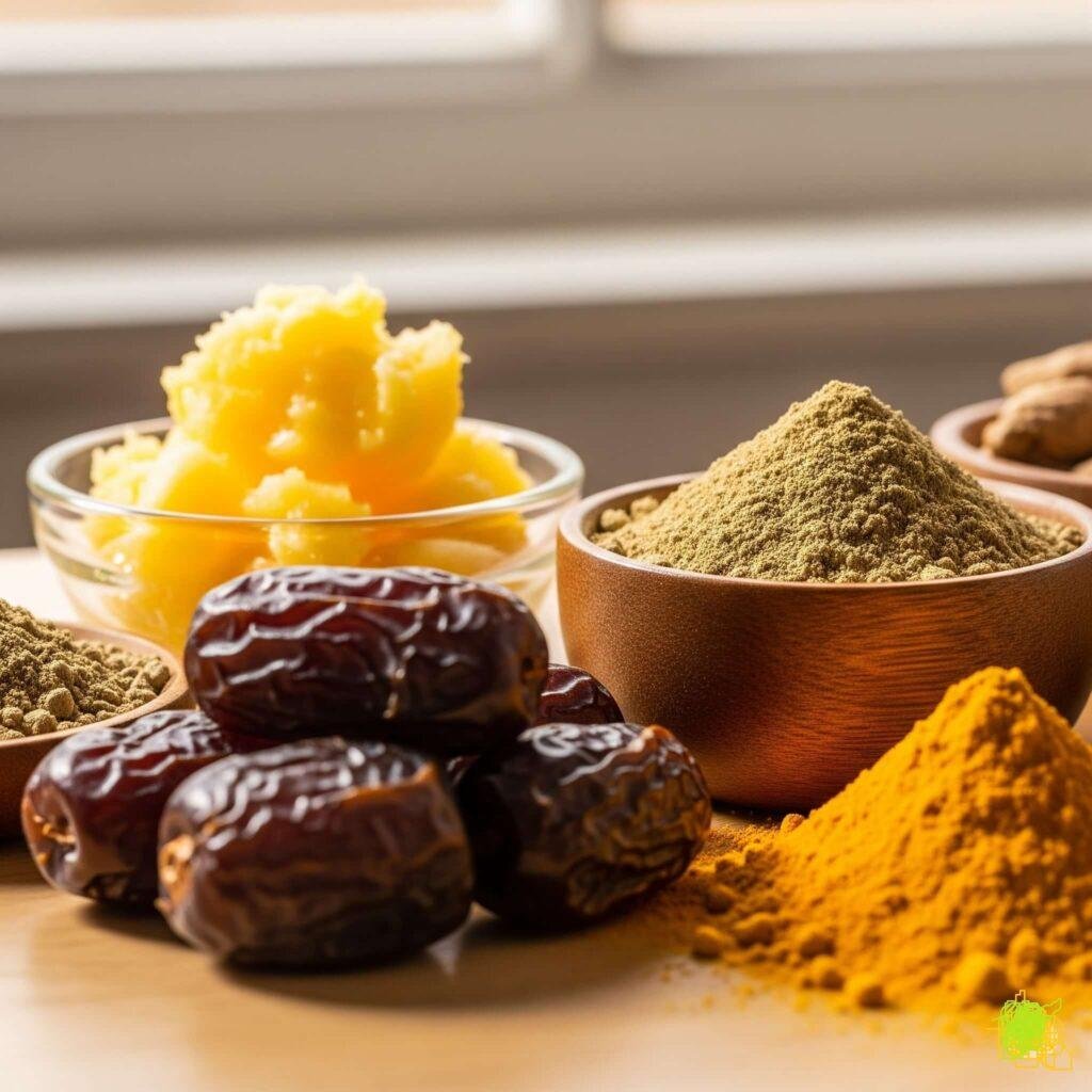Ayurvedic superfoods: Ghee, ashwagandha, dates, turmeric.