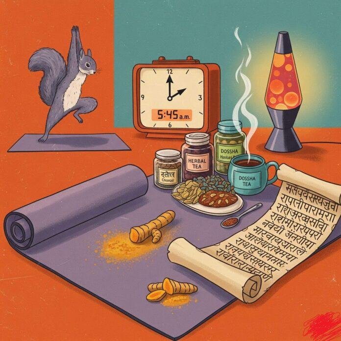 Turmeric yoga mat, herbal teas, vintage clock 5:45 AM, Sanskrit scroll.