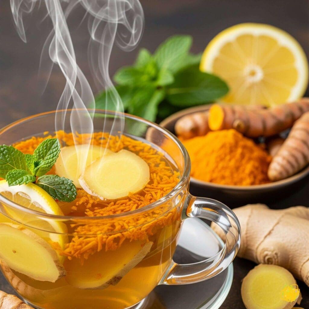 A steaming cup of ginger-turmeric tea with fresh ingredients.