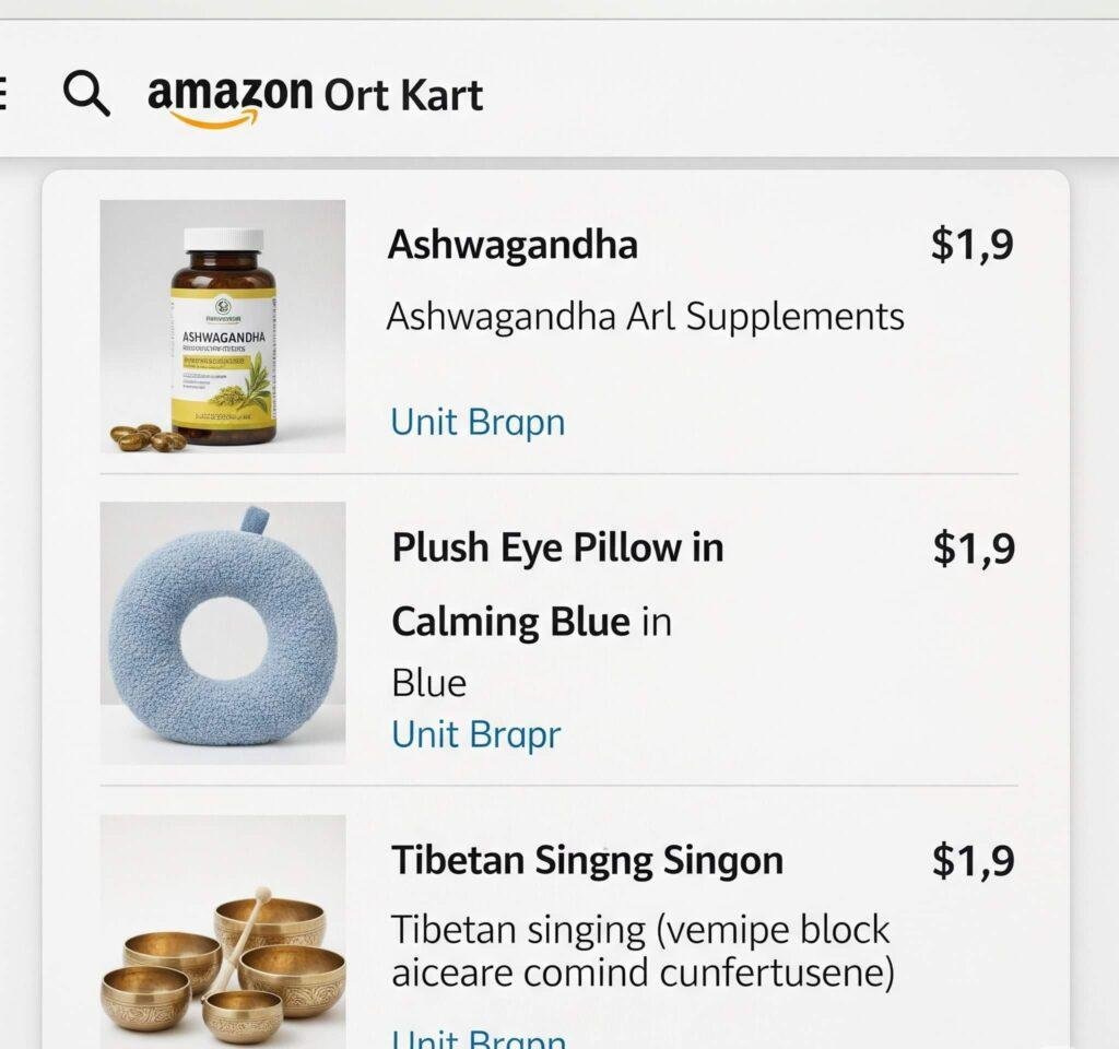 Amazon cart with ashwagandha, eye pillow, Tibetan bells.