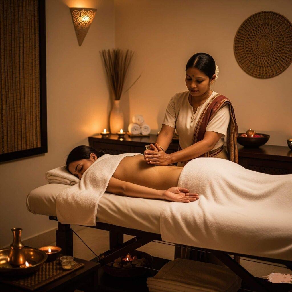 A traditional Ayurvedic massage (Abhyanga) in a spa setting.