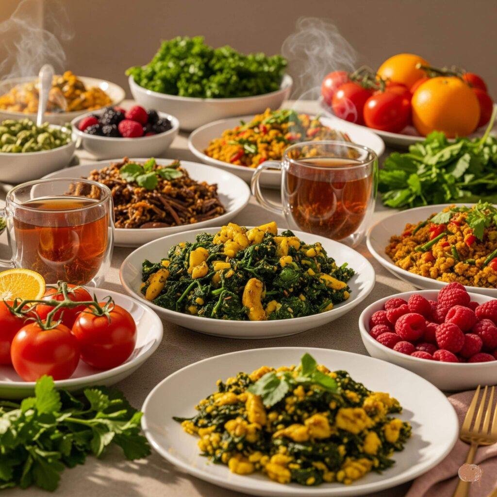 Ayurvedic diet: fresh, colorful foods and herbal tea for healthy skin.
