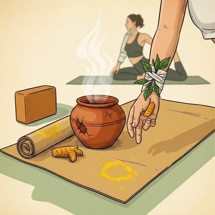 Yoga mat, turmeric stains, terracotta pot, herbal poultice on wrist, yoga block.