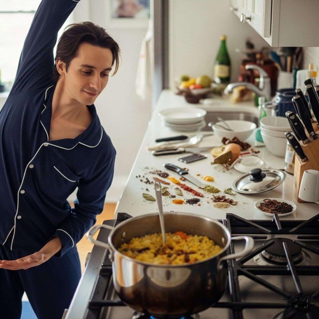 Pajamas, yoga, kitchari, messy kitchen.