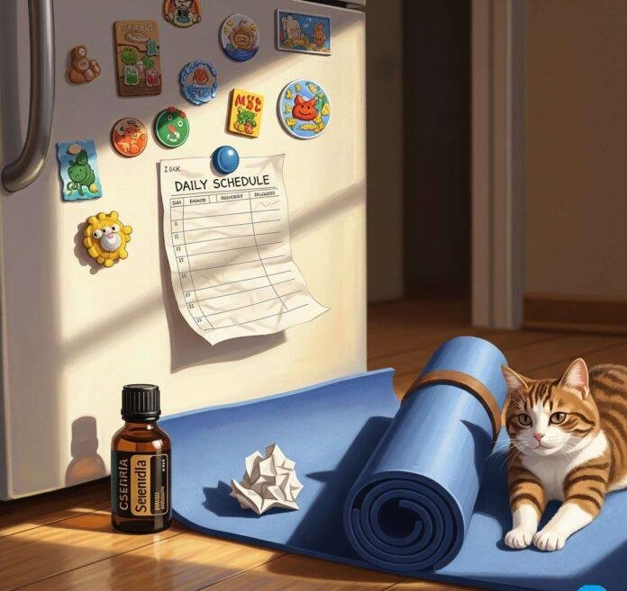 Morning chaos: Yoga mat, oil, schedule, stretching cat, fridge magnets.