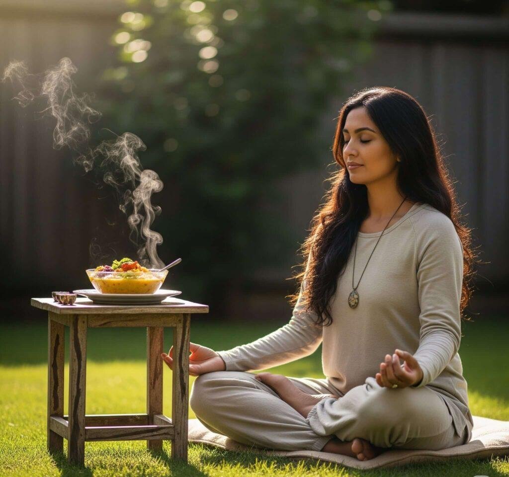 An individual in a lotus pose in a backyard, enjoying a steaming bowl of dal on a rickety table.